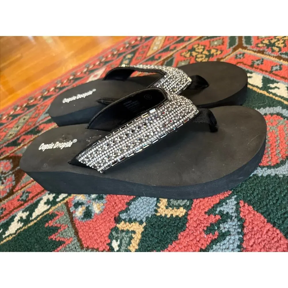Womens Size 9 Chunky Y2K Inspired Platform Flip Flop Sandals Black Rhinestones
